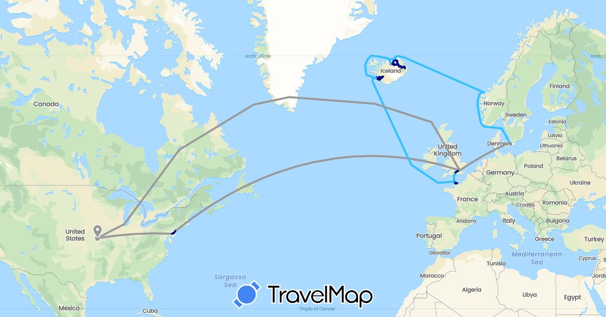 TravelMap itinerary: driving, plane, boat in Denmark, France, United Kingdom, Iceland, Norway, United States (Europe, North America)